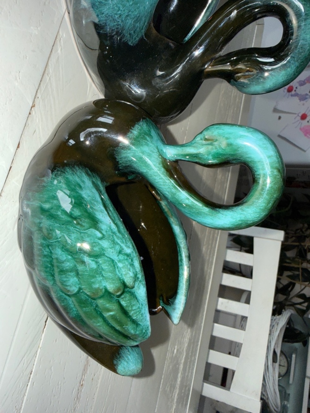 Blue Mountain Pottery, Pair of Swan, BMP Black/Green Drip Glaze, MCM made in CA - Picture 2 of 9